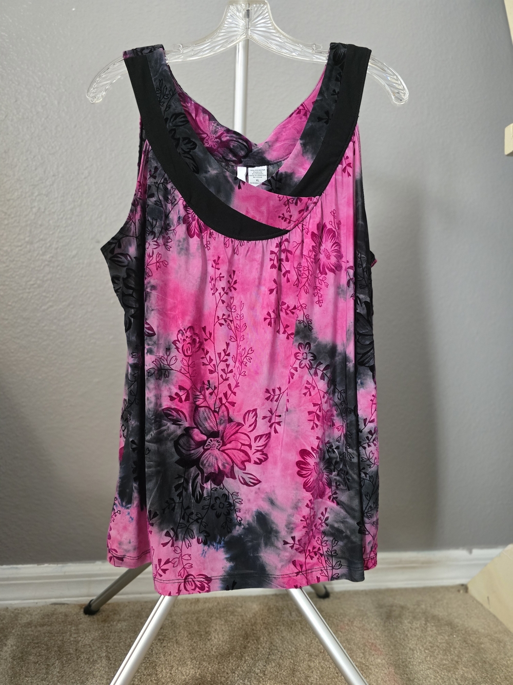 Sami + Jo XL Pink Black Floral Flocked Velvet Tie Dye Tunic Top Y2K
